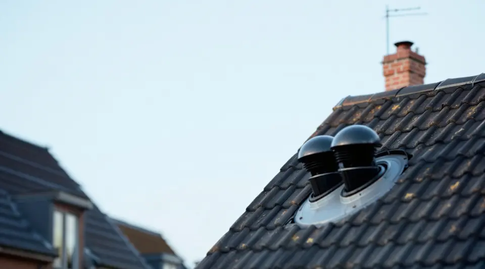 Twee ronde zwarte dakdoorvoeren op het pannendak van een nieuwbouwwoning, tegen een lichtblauwe lucht