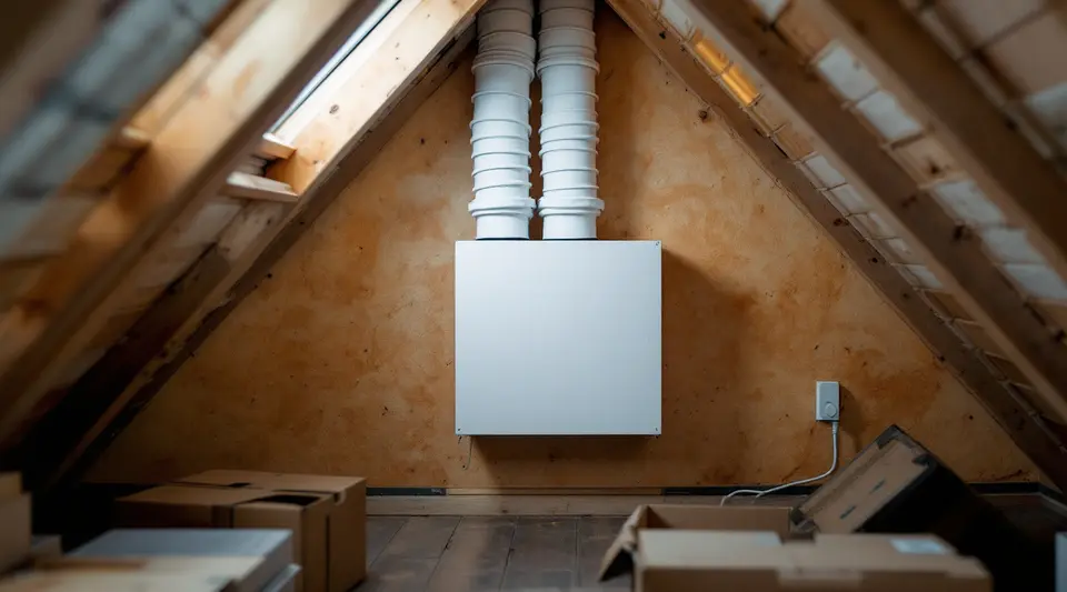 Een witte wtw-unit aan de wand van een zolder onder een schuin dak, met luchtkanalen die tussen de houten sporen verdwijnen