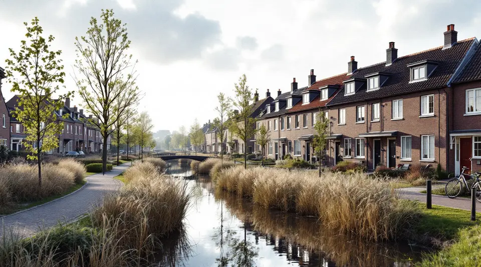 Een nieuwbouwwijk met rijen bakstenen huizen langs een sloot met riet en jonge bomen